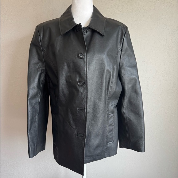 Croft & Barrow Black 100% Leather Button Down Jacket Women L Classic Vintage Y2K - Picture 1 of 5